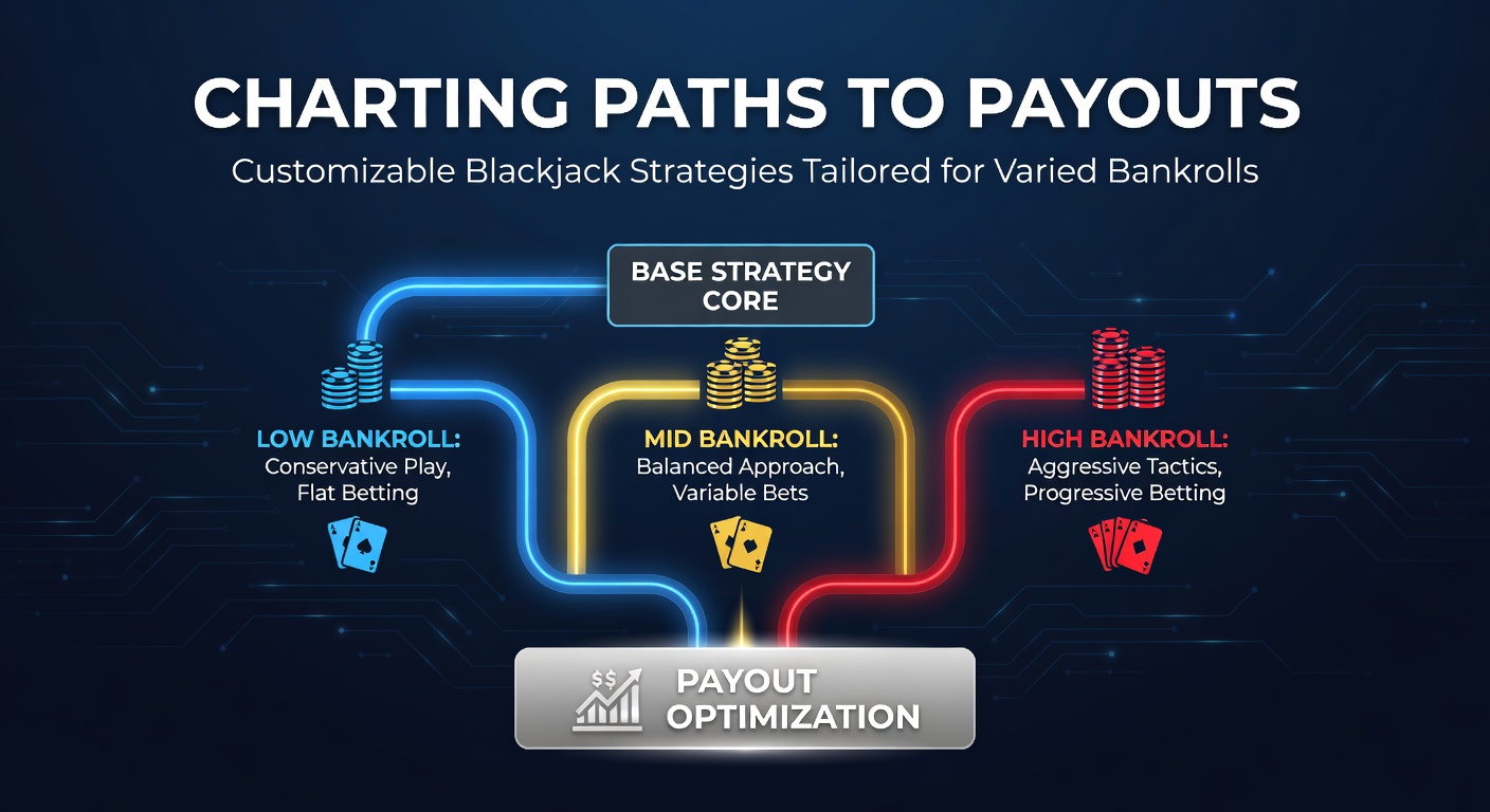 Charts displaying blackjack strategy grids adjusted for different bankroll sizes, with bet progression lines