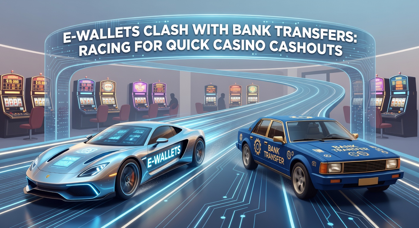 Digital wallets and bank transfer icons racing on a track towards a casino payout symbol, highlighting speed competition in online gambling withdrawals