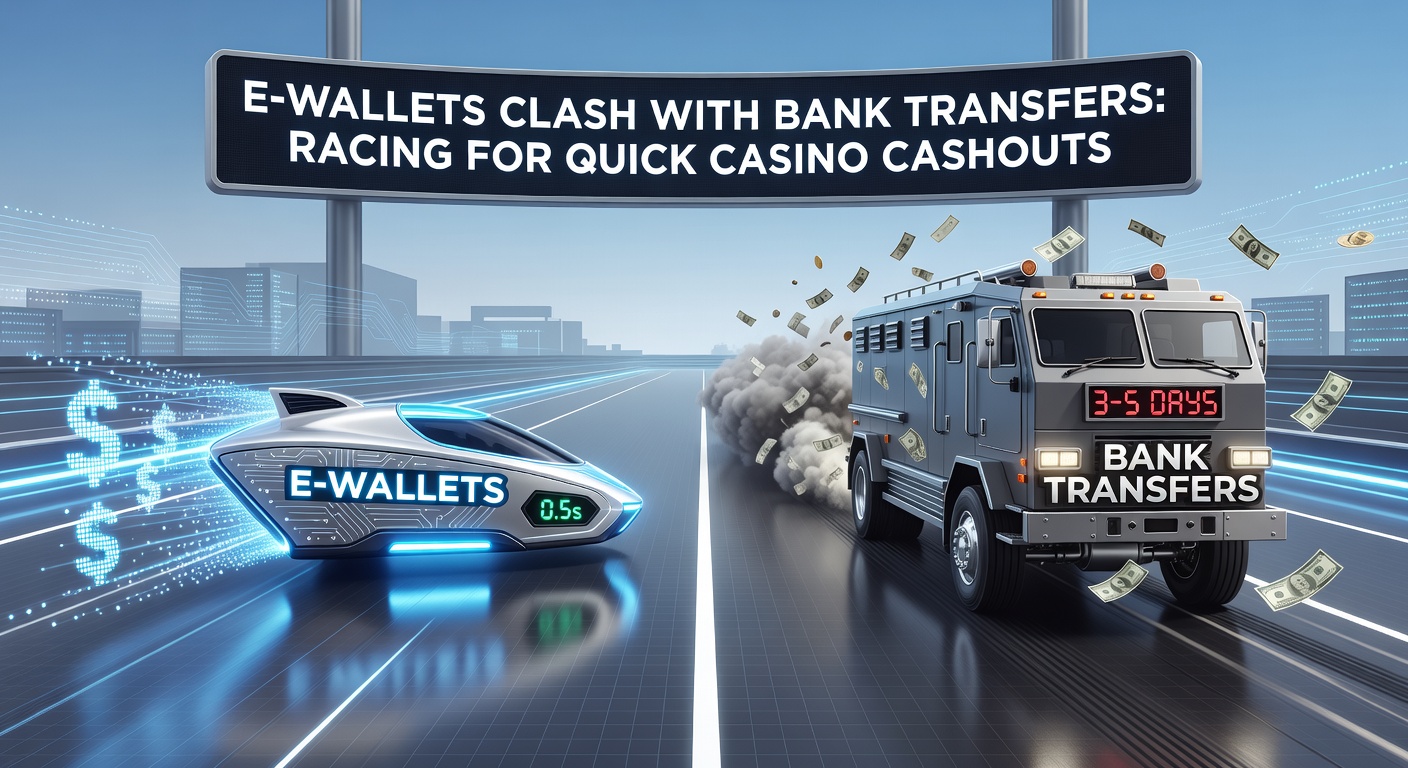 Graph comparing withdrawal times: e-wallets in green bars under 1 hour, bank transfers in red bars up to 5 days, with casino icons and speed lines
