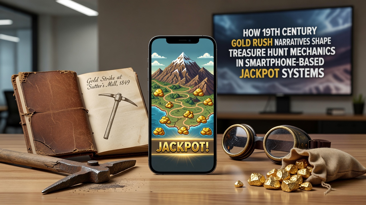 Smartphone screen displaying a digital gold rush treasure map with bonus hunt mechanics and jackpot progress indicators