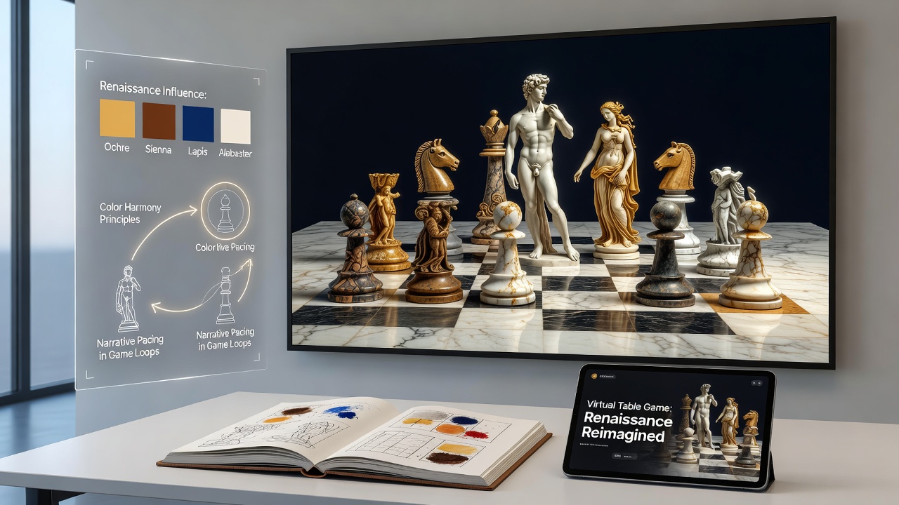 Animated sequence showing proportional movement in a virtual poker table interface with Renaissance-style depth