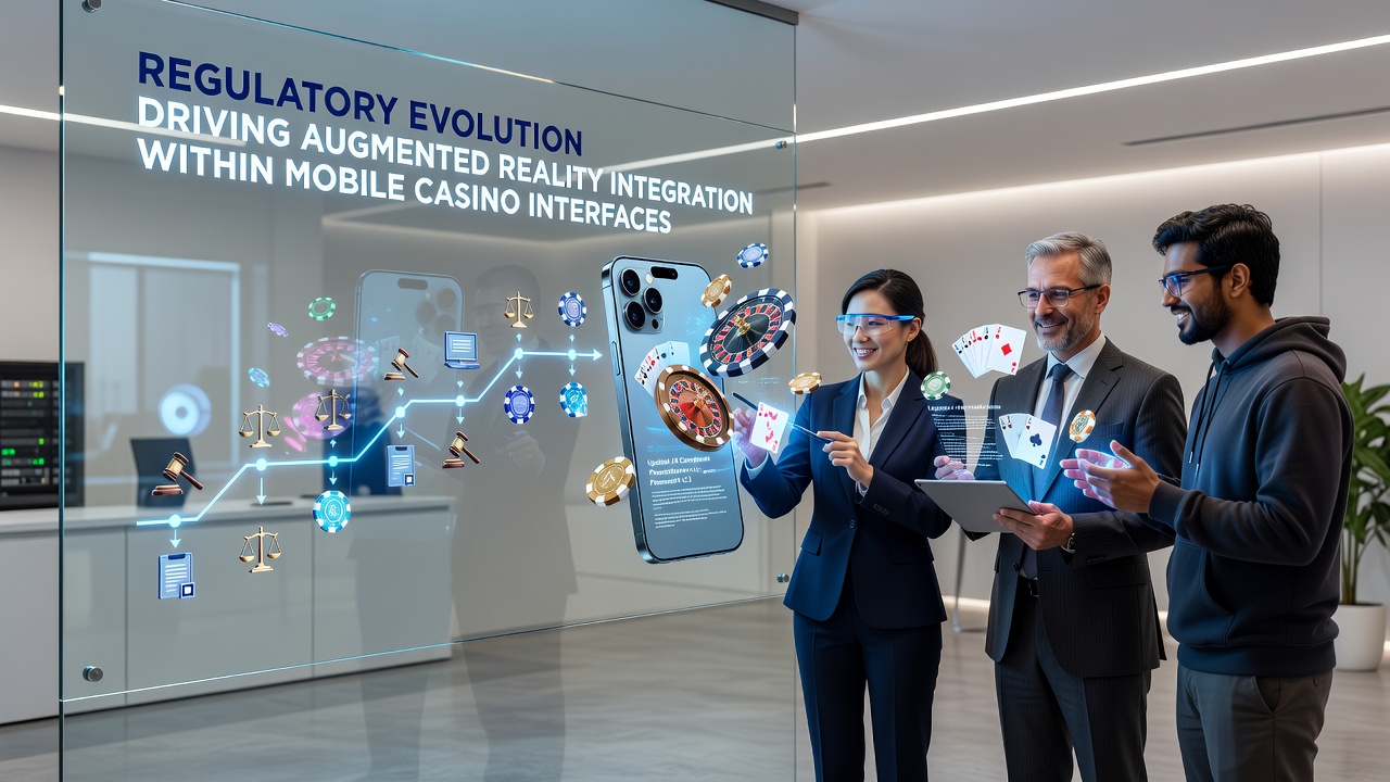 Regulatory document and mobile device displaying AR casino features side by side