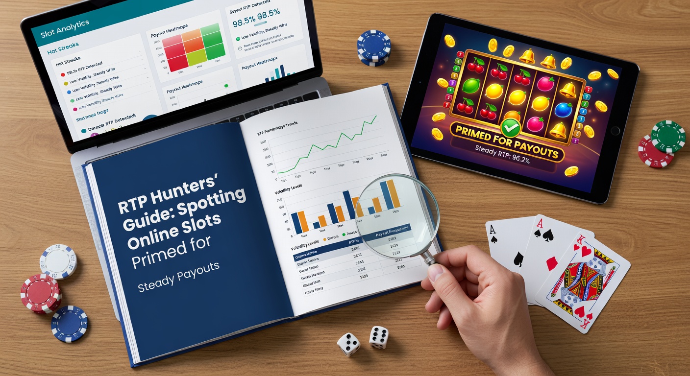 Close-up of a laptop screen displaying slot game stats including RTP bar graph climbing to 98%, with charts showing payout distribution