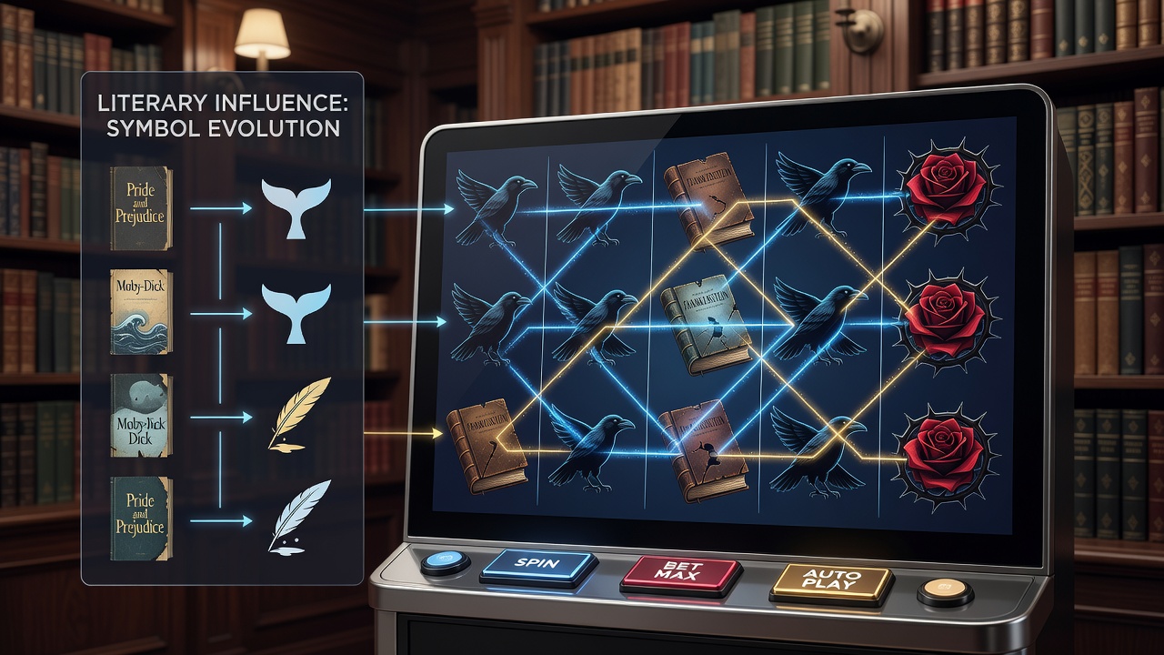 Digital slot machine screen displaying classic literature-inspired symbols such as ancient books, quills, and character icons from well-known literary works