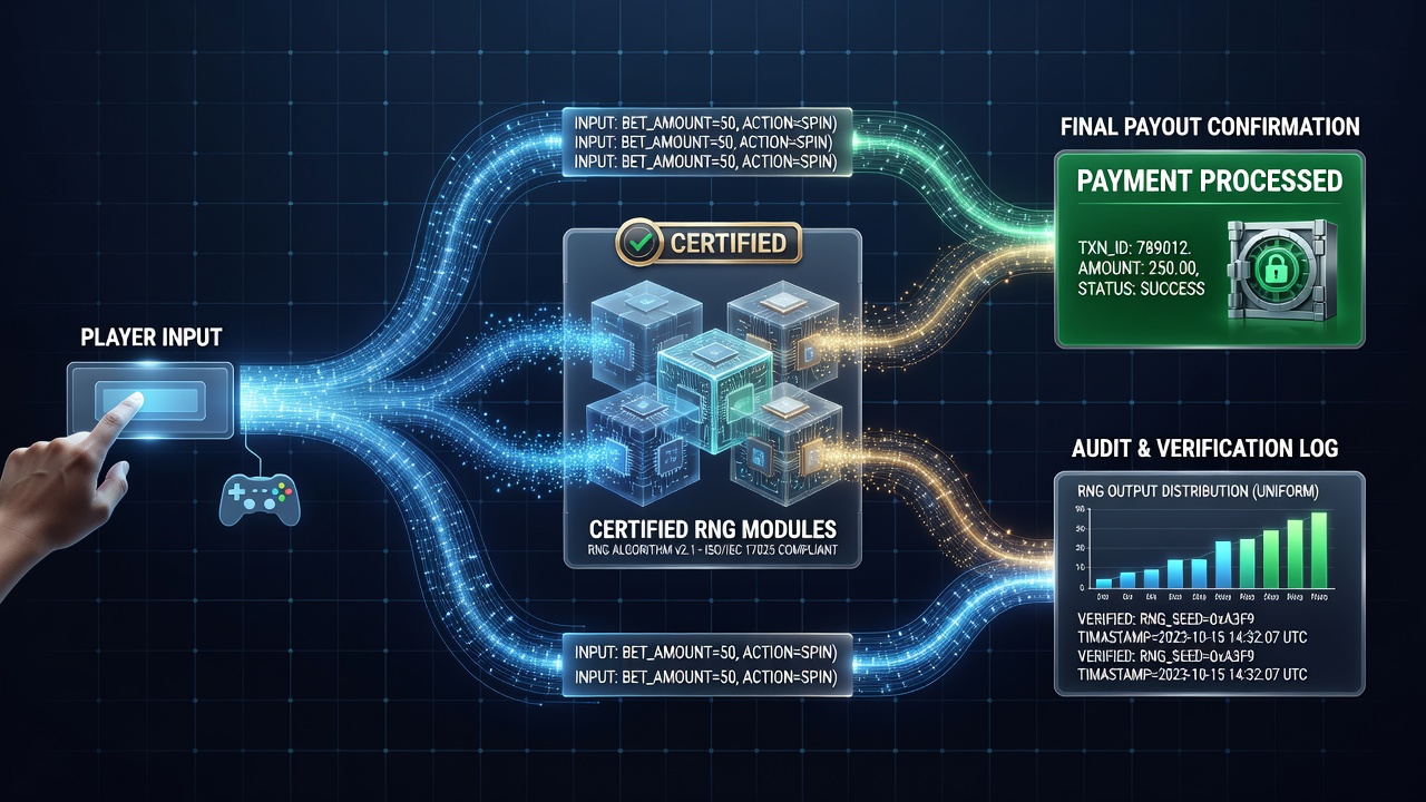 Server racks processing RNG outputs and routing results toward payout confirmation systems in a cross-border casino network