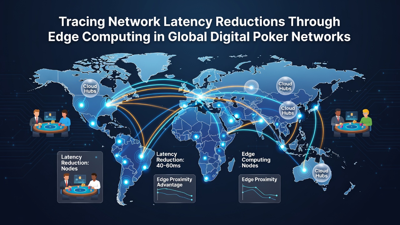 Diagram showing edge computing nodes distributed across global poker network infrastructure with reduced data travel paths