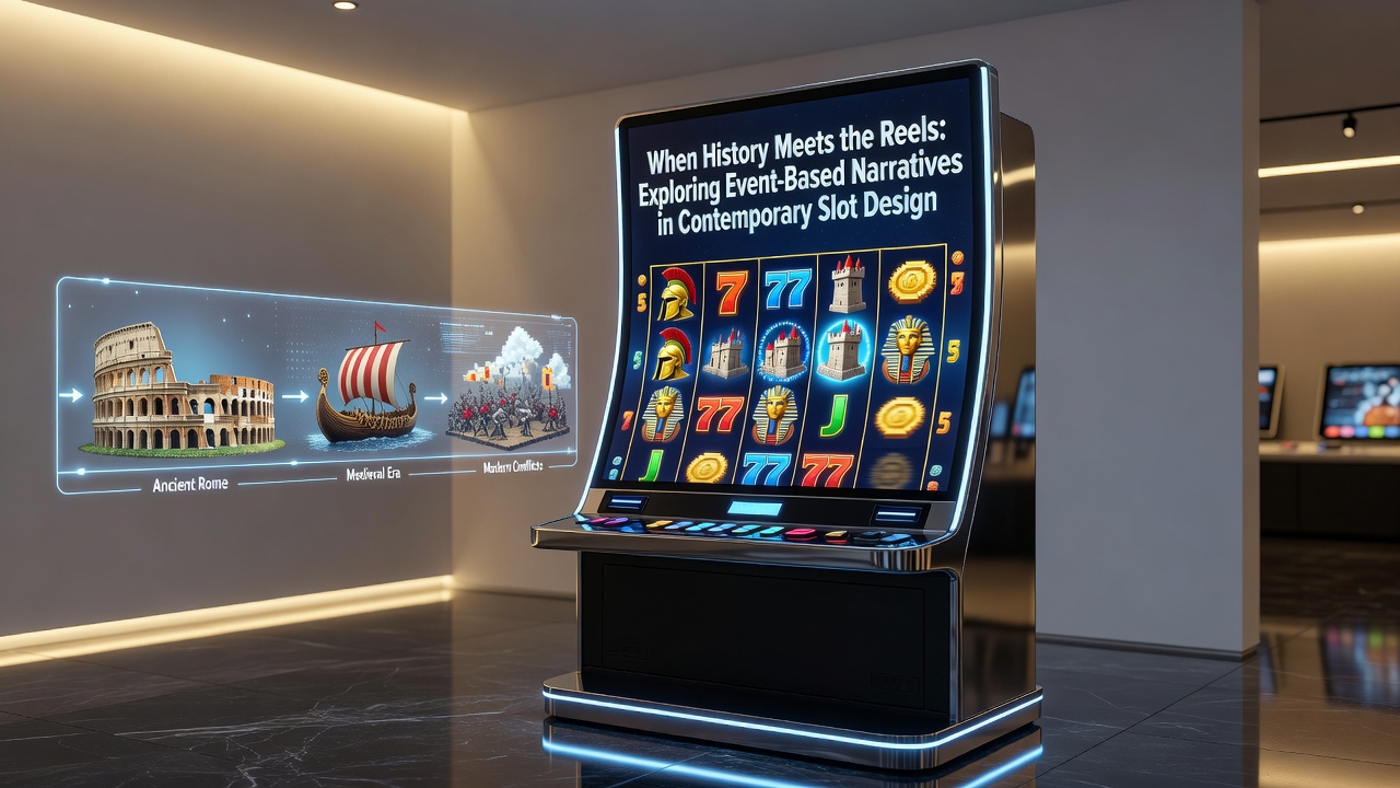 Slot game interface showing historical event-based reel symbols including ancient artifacts and timeline markers